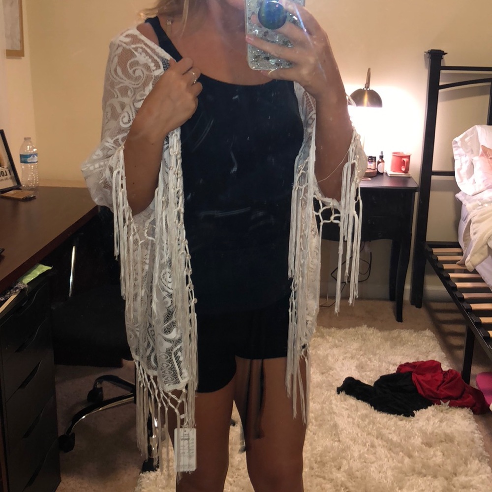 White lace/fringe beach cover up